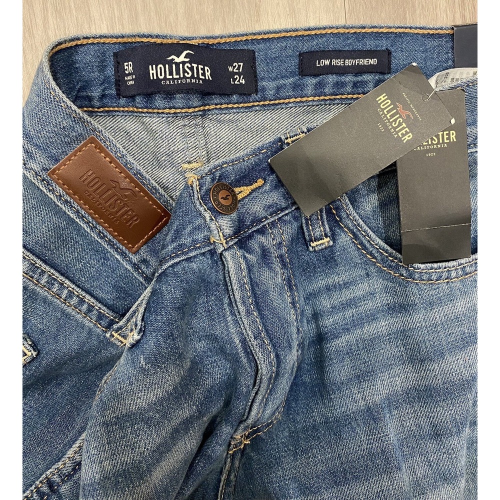 Hollister Boyfriend Jeans Womens 27x24 Low Rise Distressed Roll Cuffs Blue Light